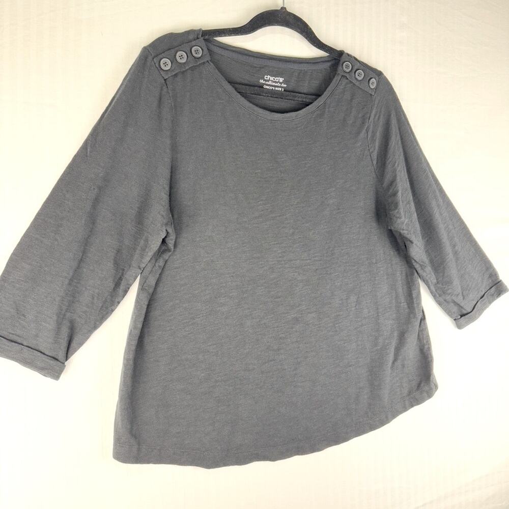 Chico’s Black The Ultimate Tee 3/4 Sleeve Button Shoulder Detail Size 2 US Large